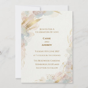 Convites Casamento com Aquarela Abstrata em Dourado Pastel