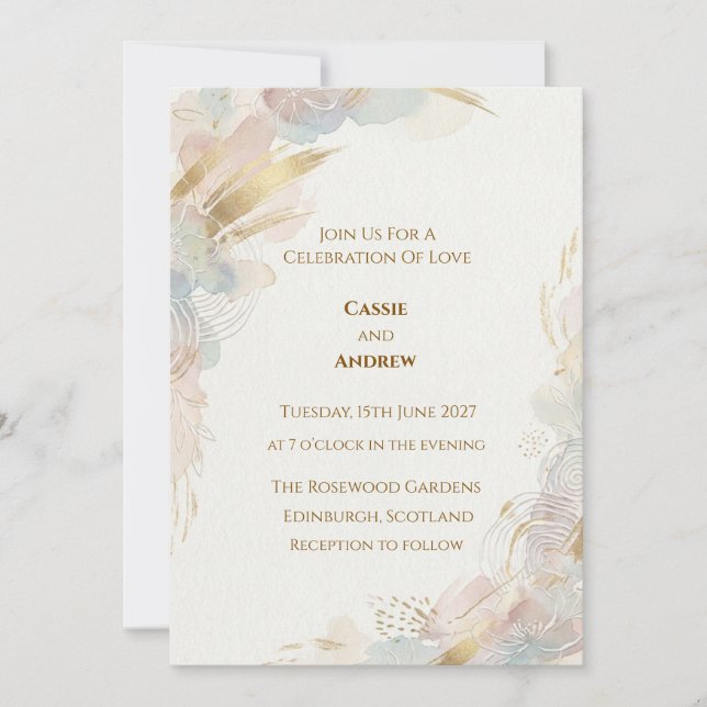 Convites Casamento com Aquarela Abstrata em Dourado Pastel (Frente)