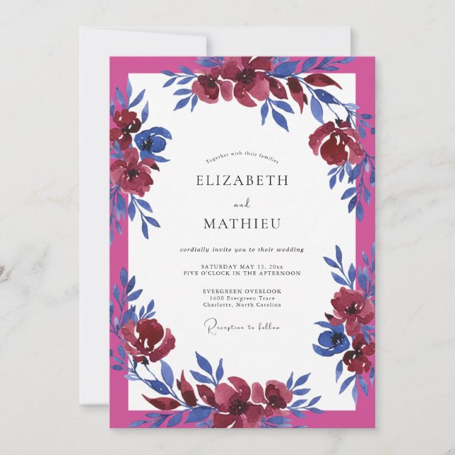 Convites Casamento com Aquarela Água-Marinha Fúcsia (Frente)