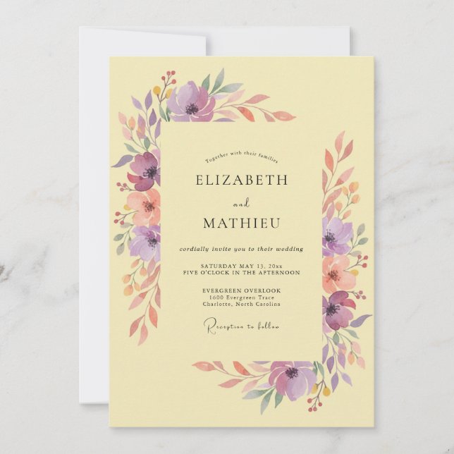 Convites Casamento com Aquarela Alegre Amarelo Pálido (Frente)