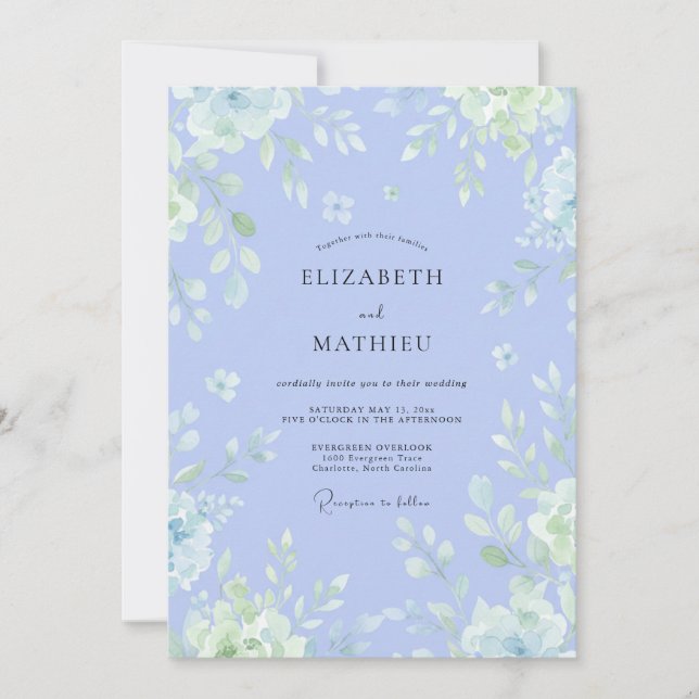 Convites Casamento com Aquarela Arejada de Periwinkle (Frente)