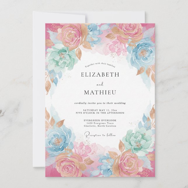 Convites Casamento com Aquarela Arejada Rosa Cor-de-Rosa (Frente)