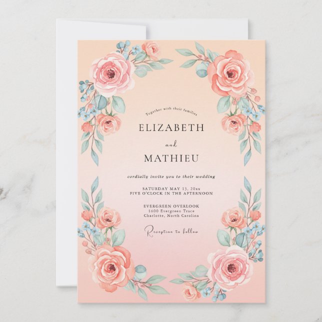 Convites Casamento com Aquarela Atemporal de Pêssego (Frente)