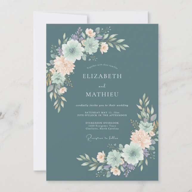 Convites Casamento com Aquarela Atemporal em Ardósia (Frente)