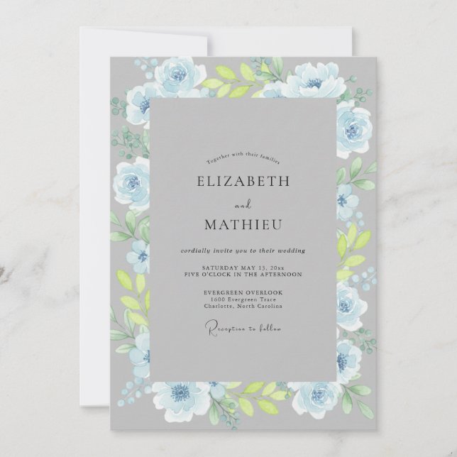 Convites Casamento com Aquarela Azul-Aço Periwinkle (Frente)