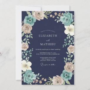 Convites Casamento com Aquarela Azul-água Naval