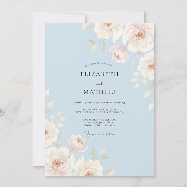 Convites Casamento com Aquarela Azul Celeste Graciosa (Frente)