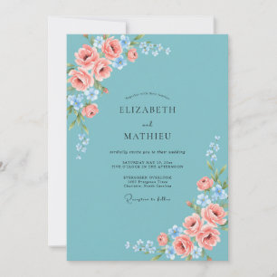 Convites Casamento com Aquarela Azul Céu e Rosa