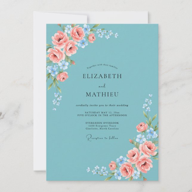 Convites Casamento com Aquarela Azul Céu e Rosa (Frente)