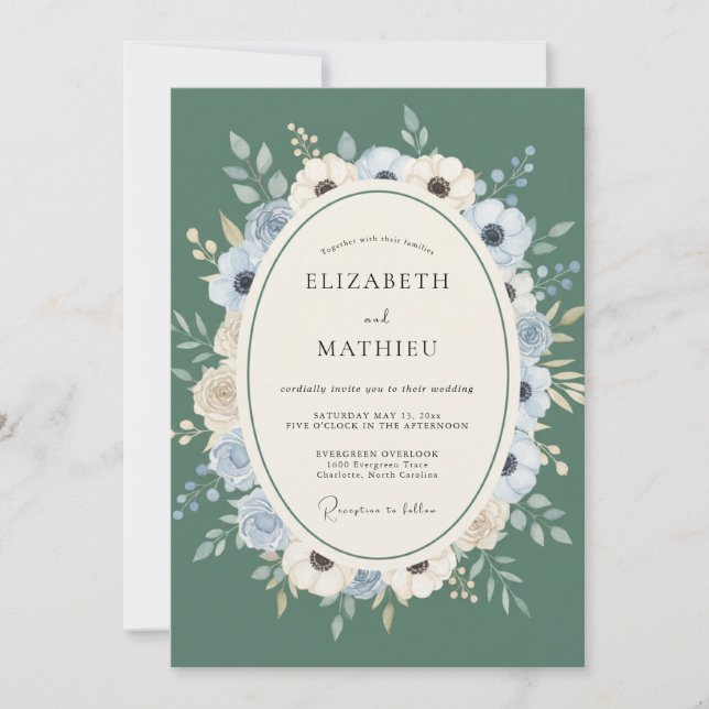 Convites Casamento com Aquarela Azul Claro e Sage (Frente)