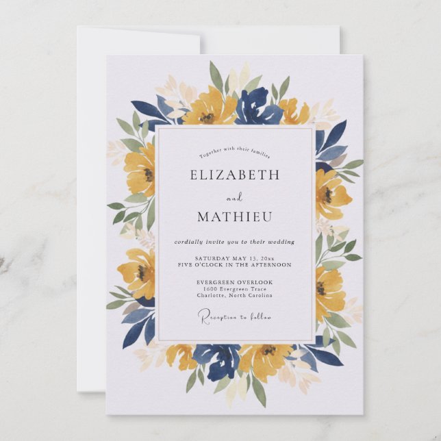 Convites Casamento com Aquarela Azul-Marinho Ousada (Frente)