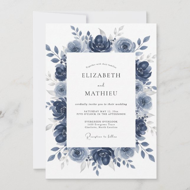 Convites Casamento com Aquarela Azul-Marinho Soberba (Frente)