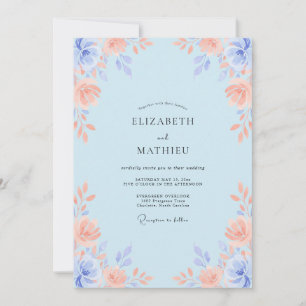 Convites Casamento com Aquarela Azul Pálido e Elegante