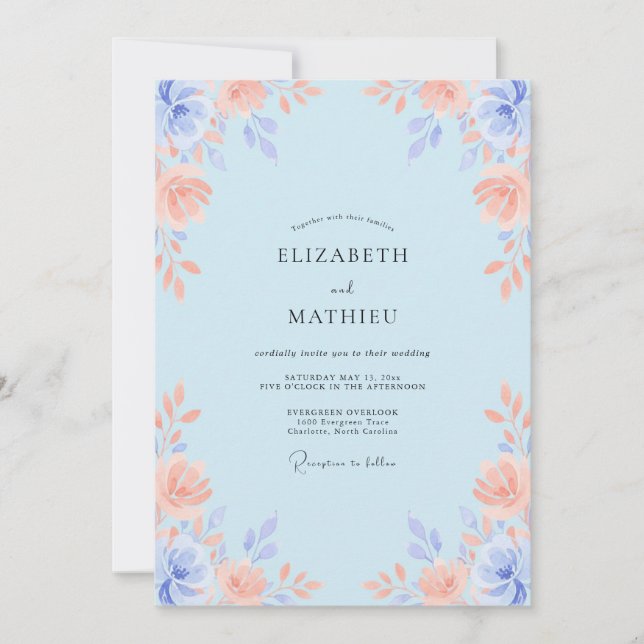 Convites Casamento com Aquarela Azul Pálido e Elegante (Frente)