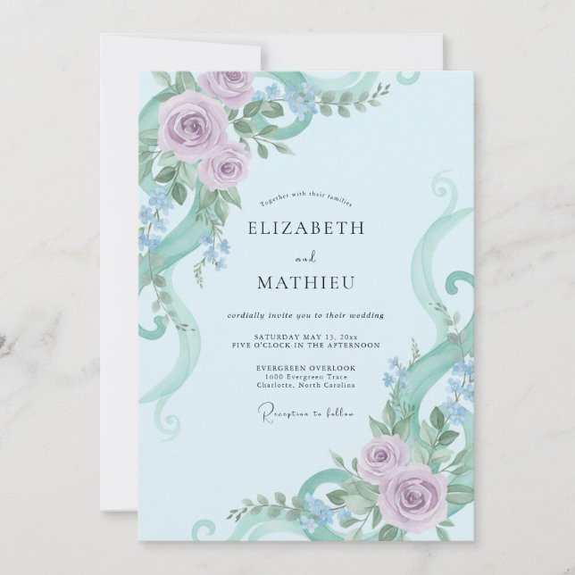 Convites Casamento com Aquarela Azul-Pó Fantasia (Frente)
