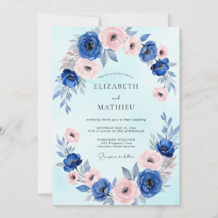 Convites Casamento com Aquarela Azul Real Delicada