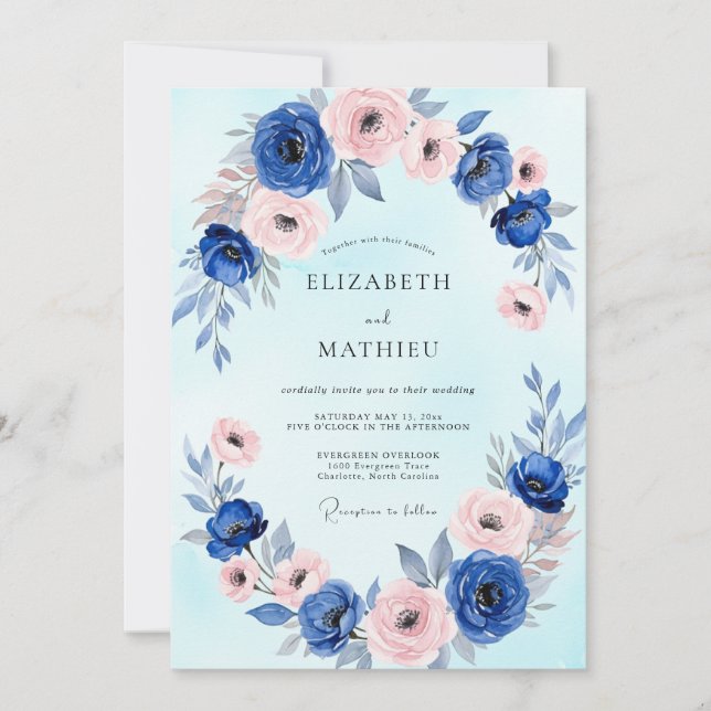 Convites Casamento com Aquarela Azul Real Delicada (Frente)