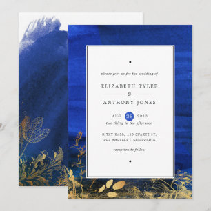 Convites Casamento com Aquarela Azul Real e Dourado