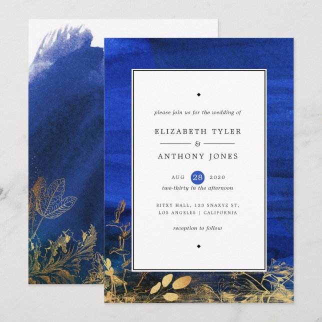 Convites Casamento com Aquarela Azul Real e Dourado (Frente/Verso)