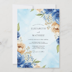 Convites Casamento com Aquarela Azul Real Soberbo