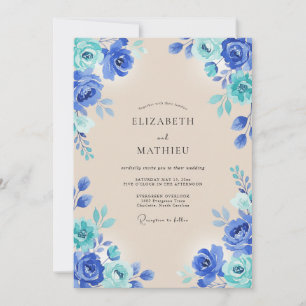Convites Casamento com Aquarela Azul Real Vibrante