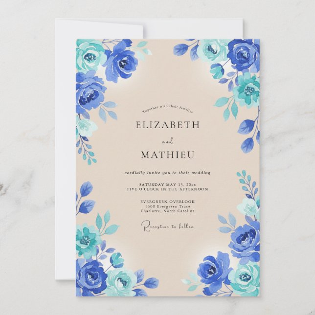 Convites Casamento com Aquarela Azul Real Vibrante (Frente)