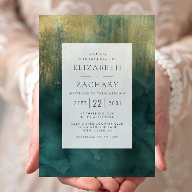 Convites Casamento com Aquarela Azul-turquesa e Dourado Ele (Criador carregado)