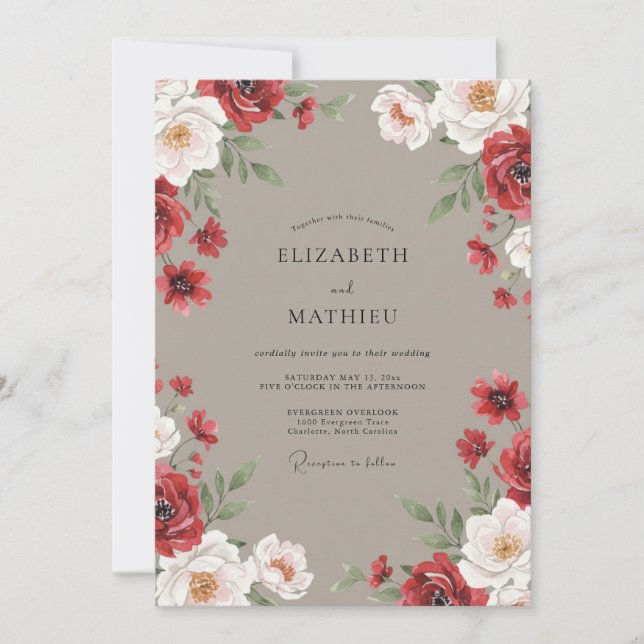 Convites Casamento com Aquarela Bege Carmesim (Frente)