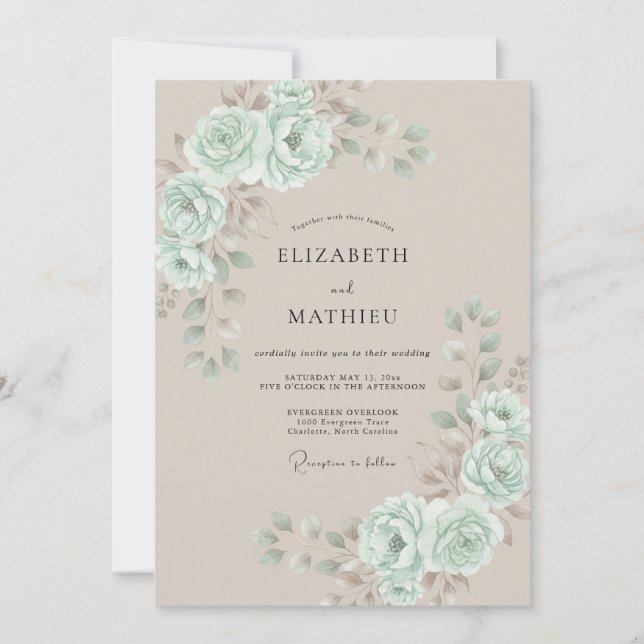 Convites Casamento com Aquarela Bege e Hortelã (Frente)