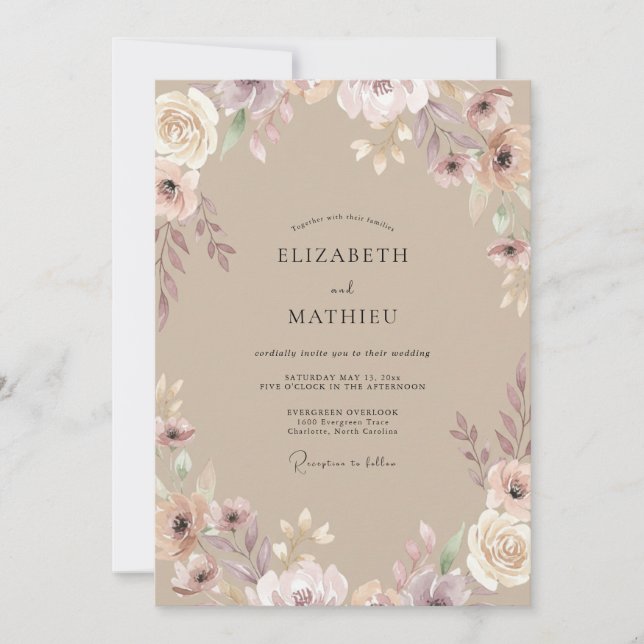 Convites Casamento com Aquarela Bege Rosa (Frente)