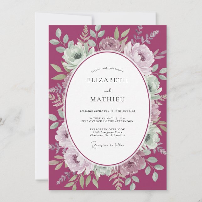 Convites Casamento com Aquarela Berry Moody (Frente)