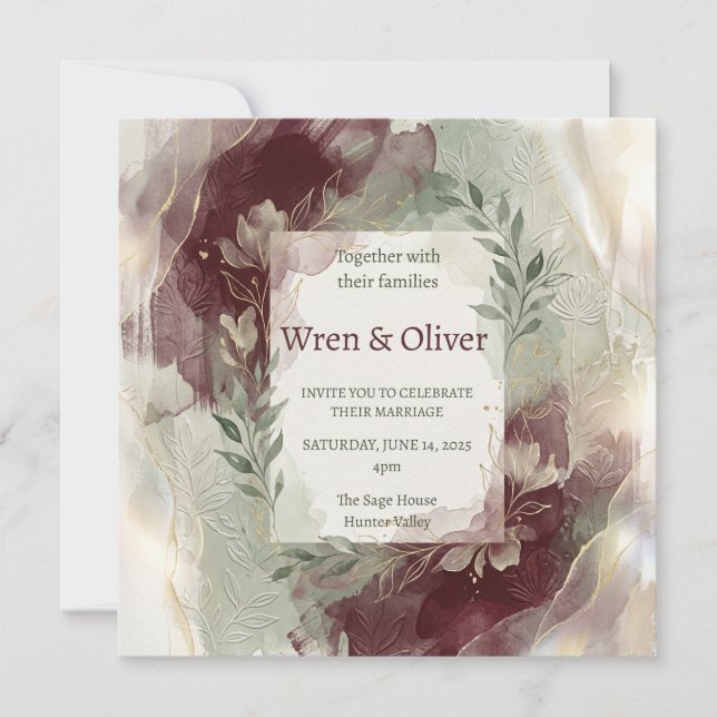 Convites Casamento com Aquarela Borgonha (Frente)