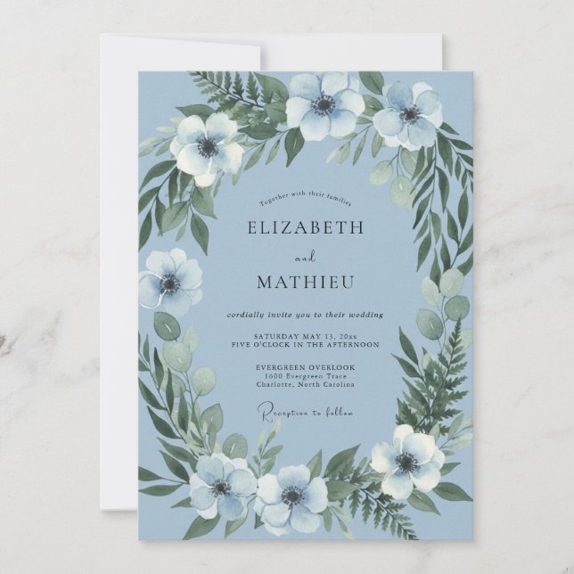 Convites Casamento com Aquarela Botânica Azul Ardesia (Frente)