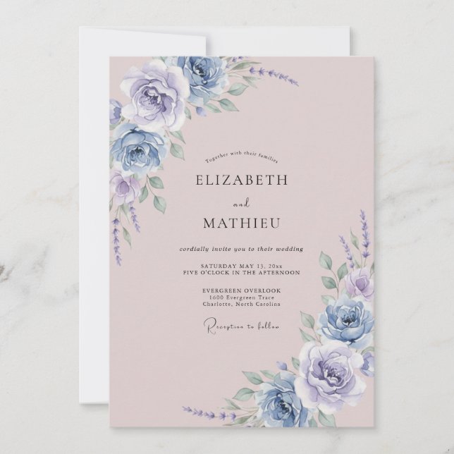Convites Casamento com Aquarela Botânica Azul Desbotado Pas (Frente)