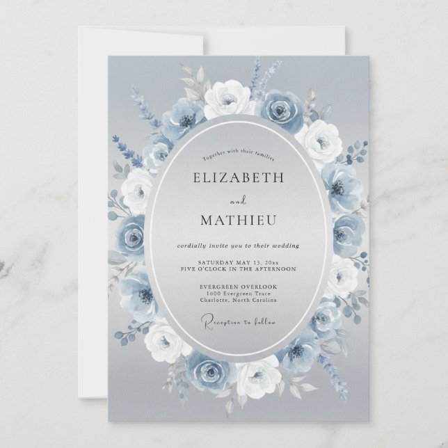 Convites Casamento com Aquarela Botânica Azul Gelo (Frente)