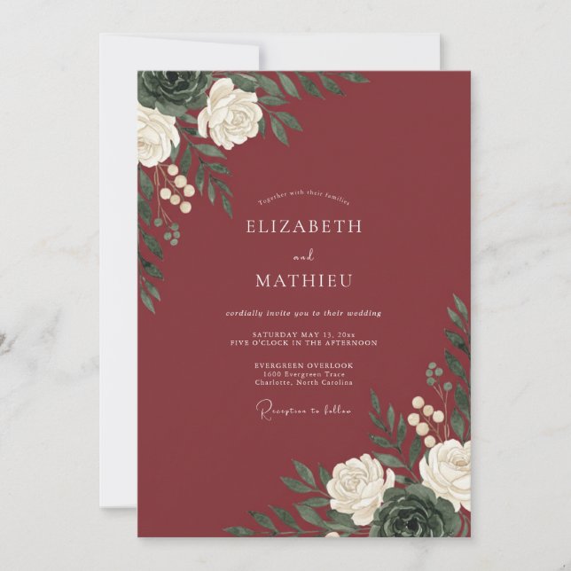 Convites Casamento com Aquarela Botânica Branca Borgonha (Frente)
