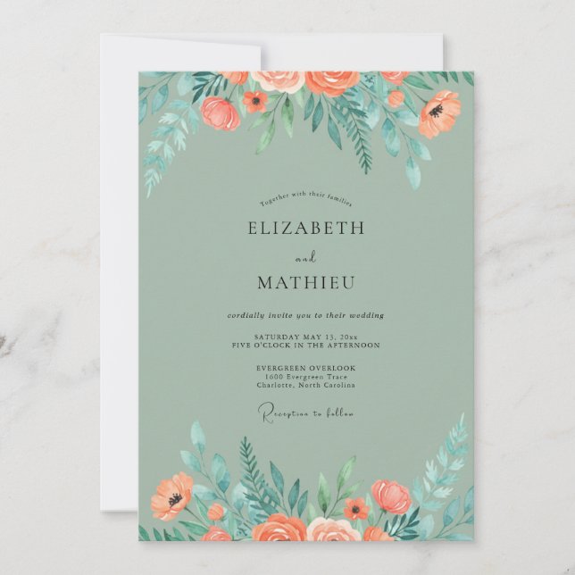 Convites Casamento com Aquarela Botânica Coral Sage (Frente)