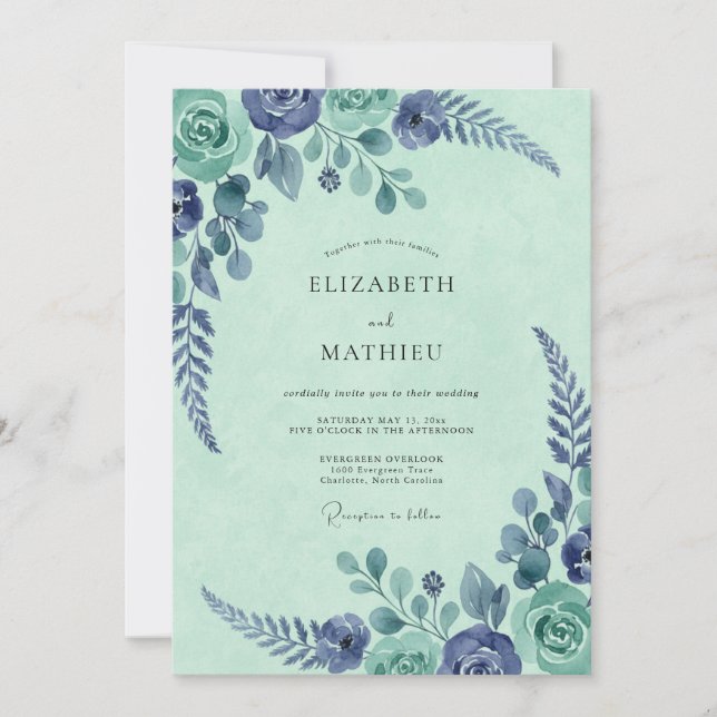 Convites Casamento com Aquarela Botânica de Índigo Menta (Frente)
