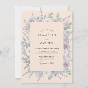 Convites Casamento com Aquarela Botânica de Lavanda e Pêsse