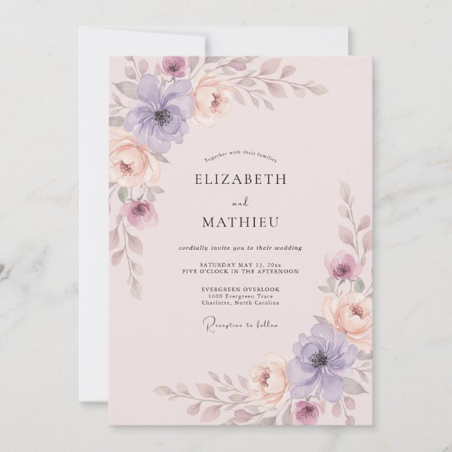 Convites Casamento com Aquarela Botânica de Lavanda Suave (Frente)