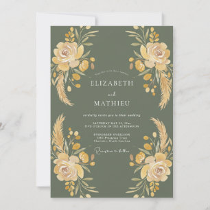 Convites Casamento com Aquarela Botânica de Ouro em Musgo