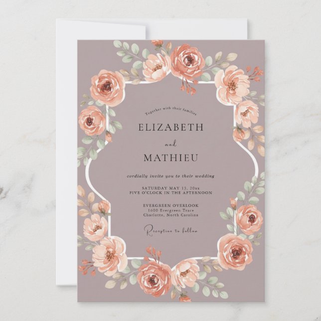 Convites Casamento com Aquarela Botânica de Pêssego Malva (Frente)