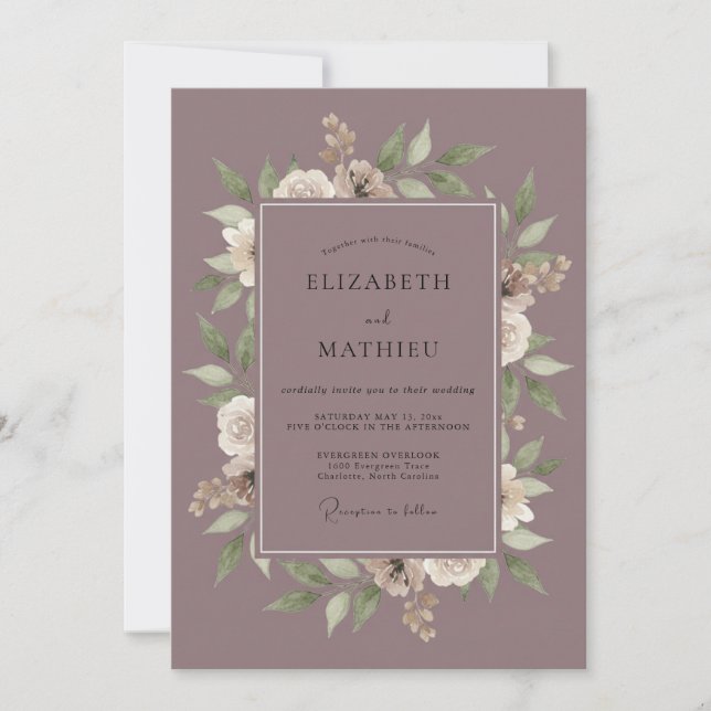 Convites Casamento com Aquarela Botânica de Tons Suaves de  (Frente)