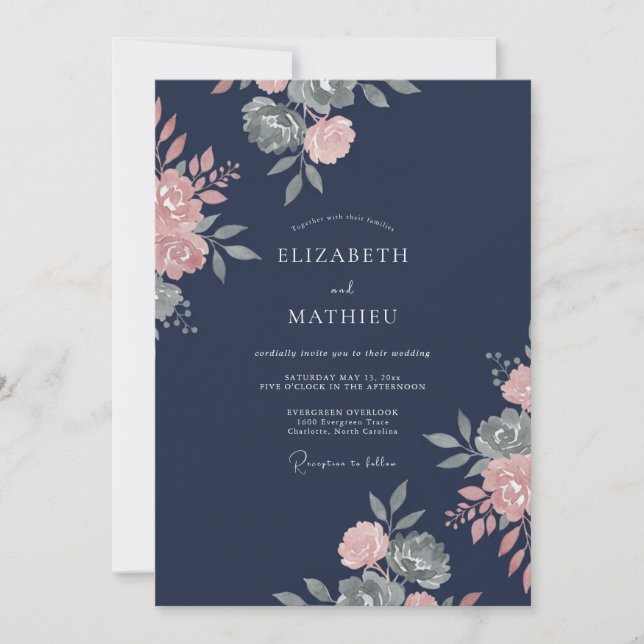 Convites Casamento com Aquarela Botânica em Azul Naval e Ro (Frente)