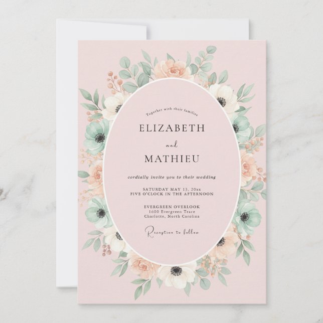 Convites Casamento com Aquarela Botânica em Rosa Claro Ment (Frente)