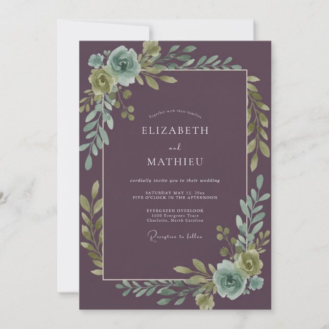 Convites Casamento com Aquarela Botânica em Tons de Ameixa  (Frente)