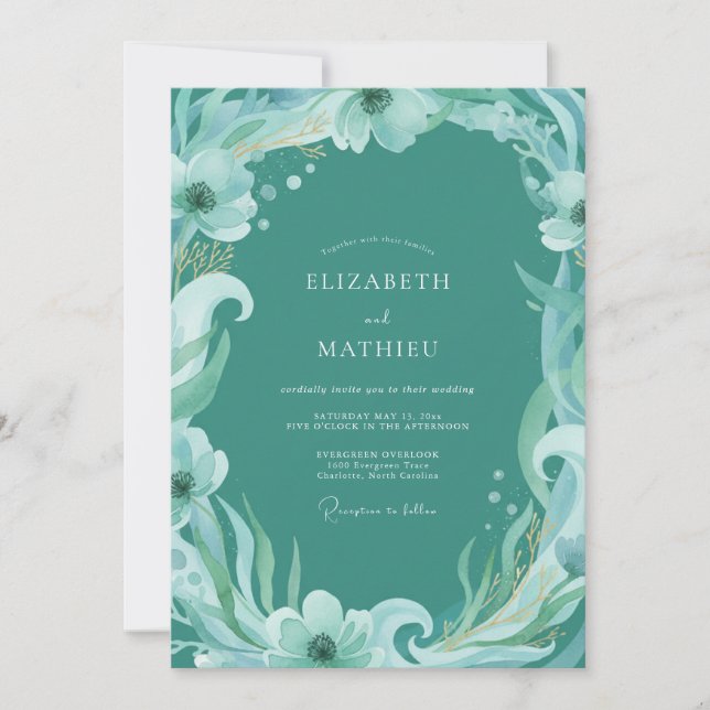 Convites Casamento com Aquarela Botânica Etérea Aquática (Frente)