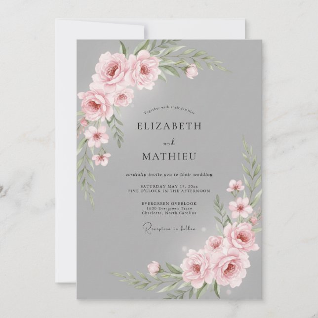 Convites Casamento com Aquarela Botânica Rosa Cor-de-Rosa (Frente)