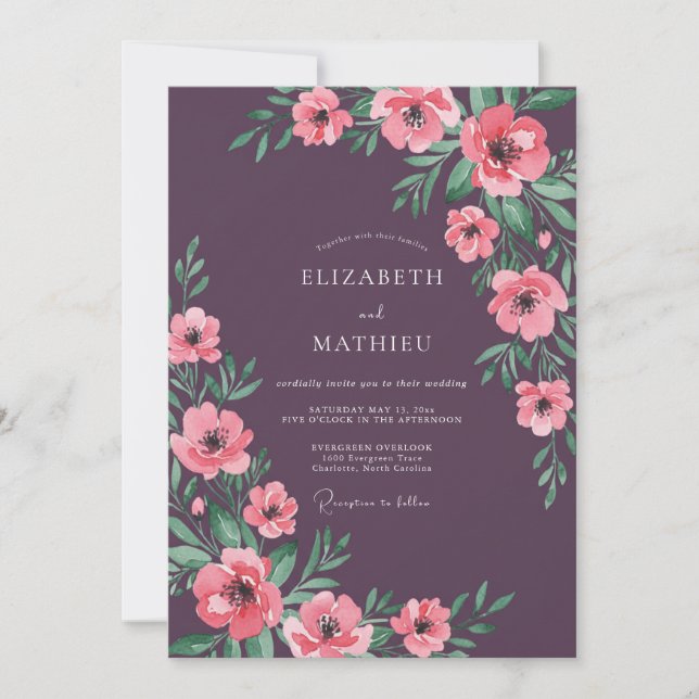 Convites Casamento com Aquarela Botânica Rosa Plum (Frente)