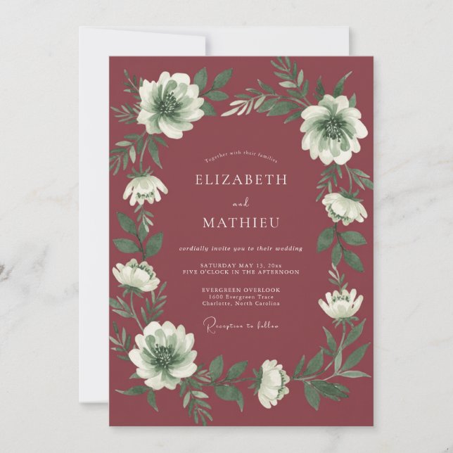Convites Casamento com Aquarela Botânica Rosa Profundo (Frente)